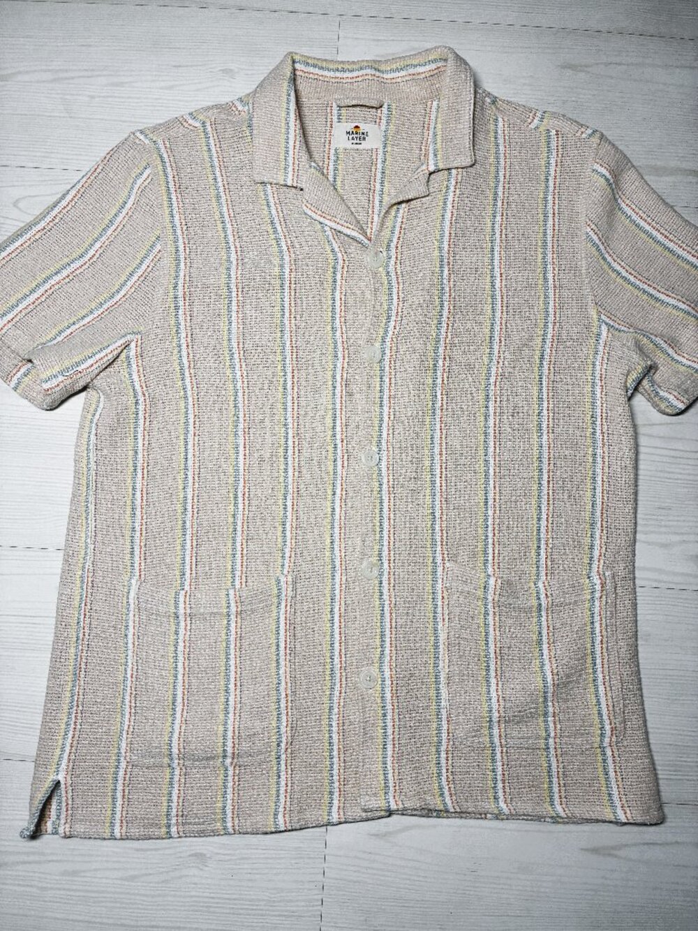 Marine Layer Archive SS Diego Camp Shirt Khaki Multi Stripe Textured Knit M